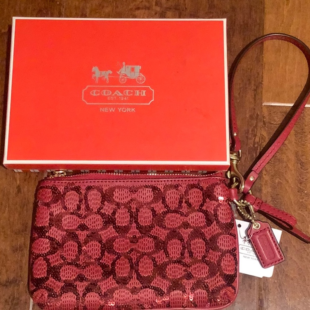 Coach Red Signature Sequin Wristlet